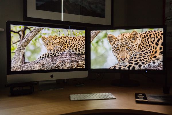 The same image viewed at 100% on a 27" 5k iMac (left) and a 27" 2.5k Eizo monitor (right)